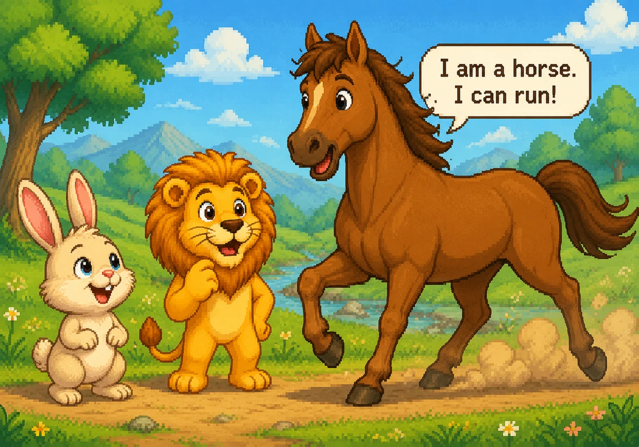Suddenly, a tall brown horse gallops past them with great speed. The horse stops to say hello and tells Barnaby, "I am a horse. I can run!"