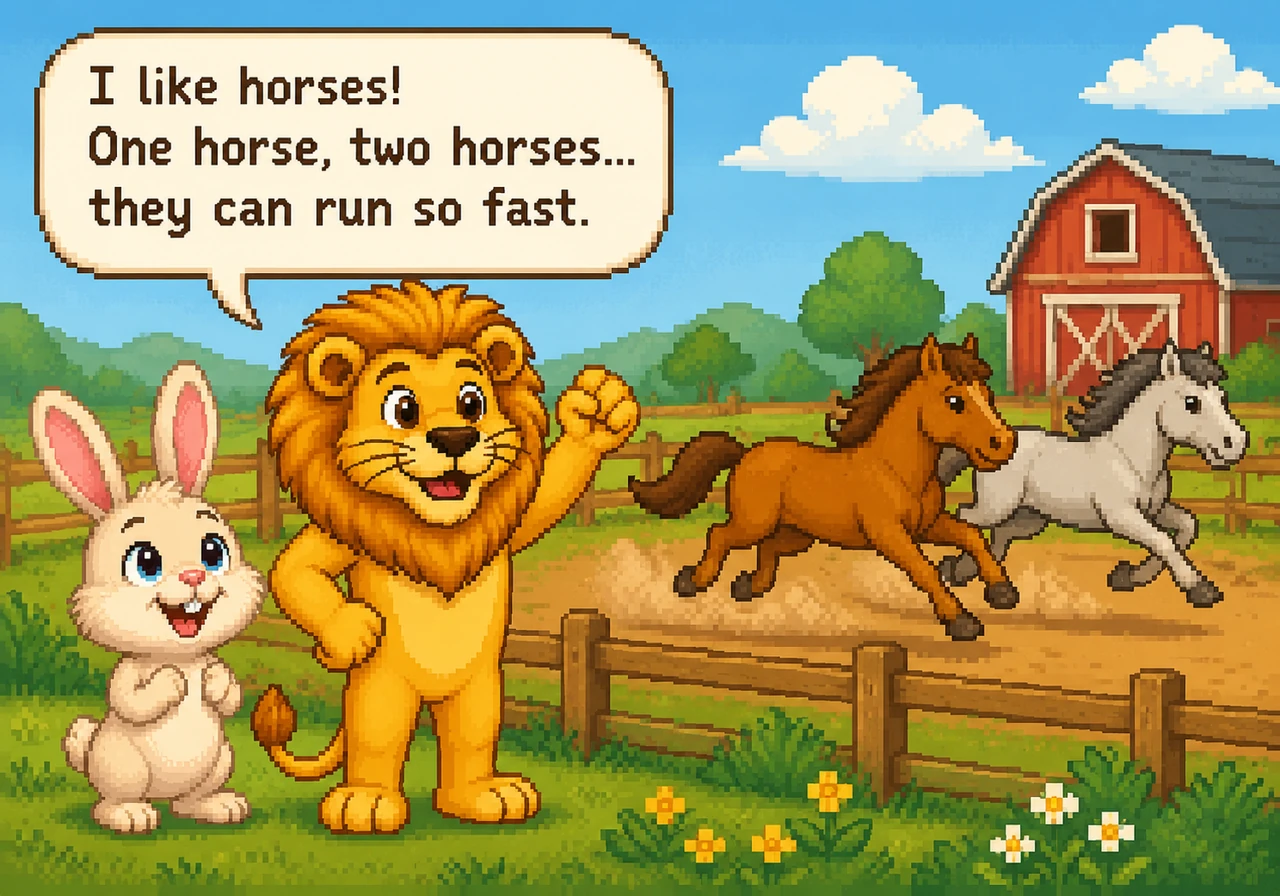 Barnaby cheers for his fast new friend, saying, "I like horses! One horse, two horses... they can run so fast."
