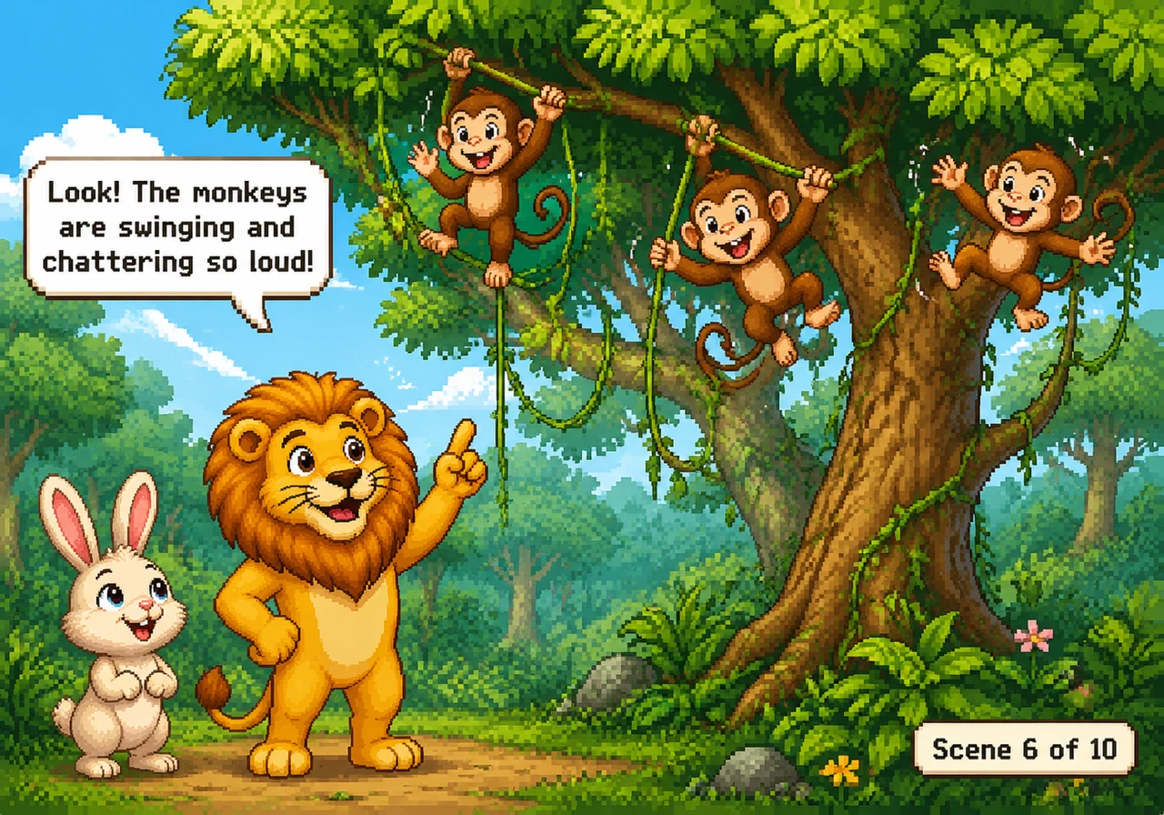Lion points up to the tall, leafy trees where playful monkeys are swinging from branch to branch. The monkeys chatter loudly and jump through the cano