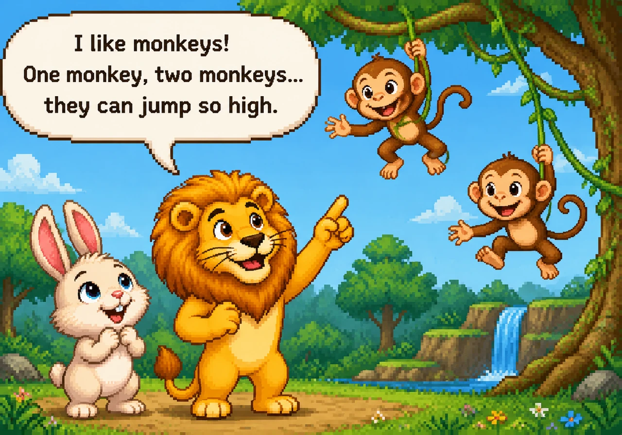 Barnaby looks up in awe and shouts, "I like monkeys! One monkey, two monkeys... they can jump so high."