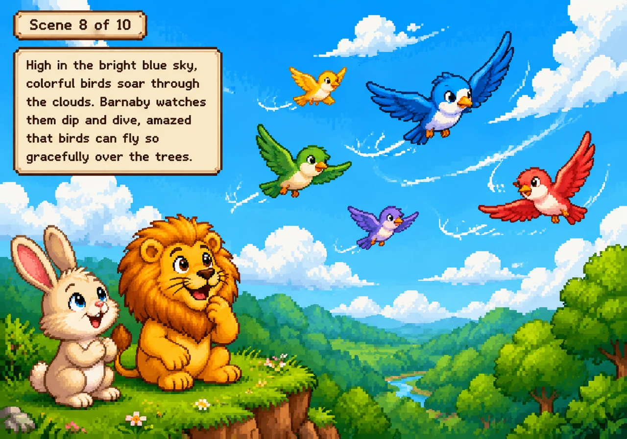 High in the bright blue sky, colorful birds soar through the clouds. Barnaby watches them dip and dive, amazed that birds can fly so gracefully over t