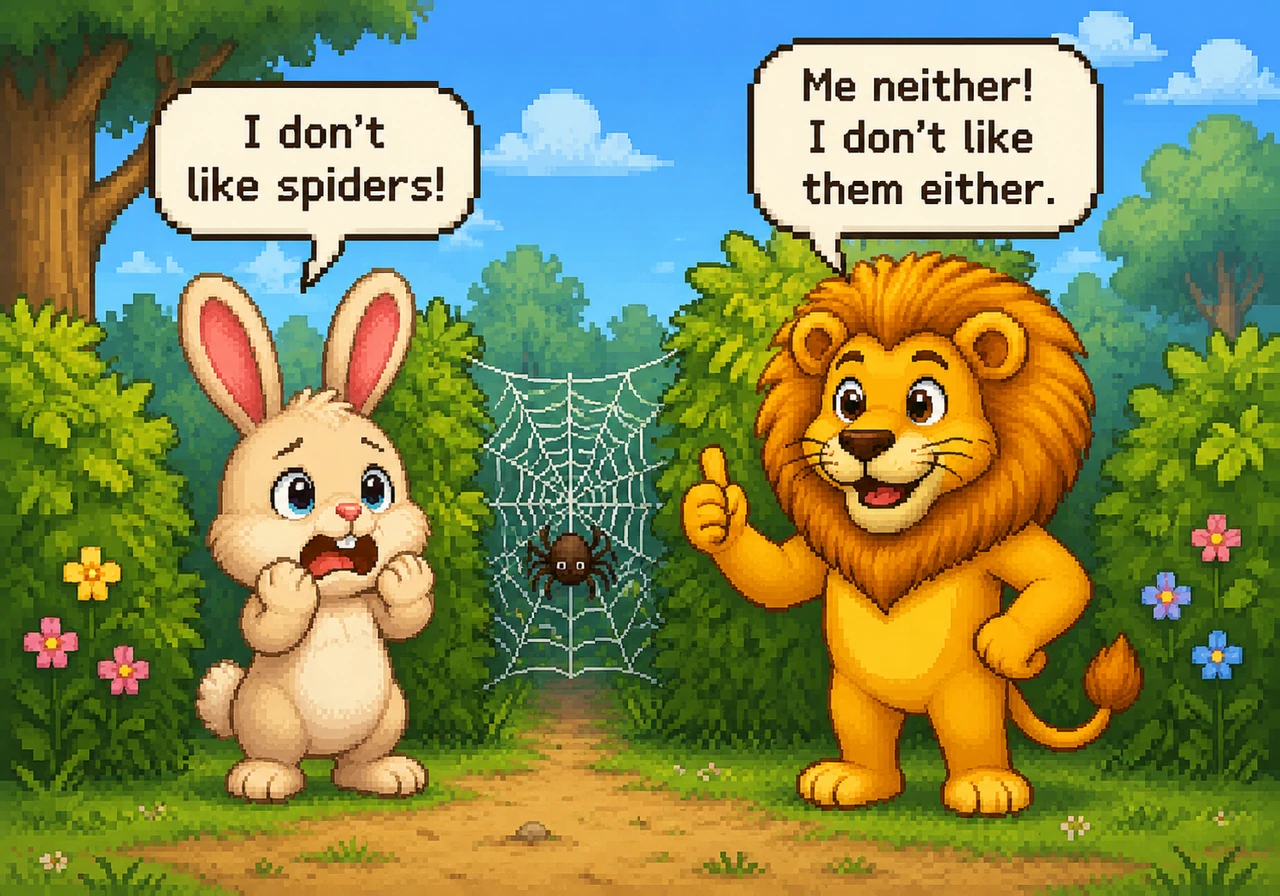 Barnaby spots a sticky spider web between two bushes and makes a funny face. "I don’t like spiders!" he says, and the Lion nods in agreement, admittin
