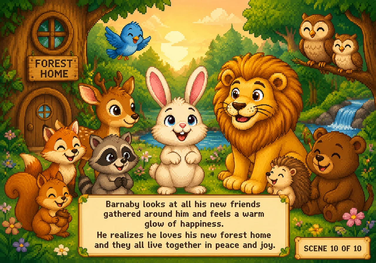 Barnaby looks at all his new friends gathered around him and feels a warm glow of happiness. He realizes he loves his new forest home and they all liv
