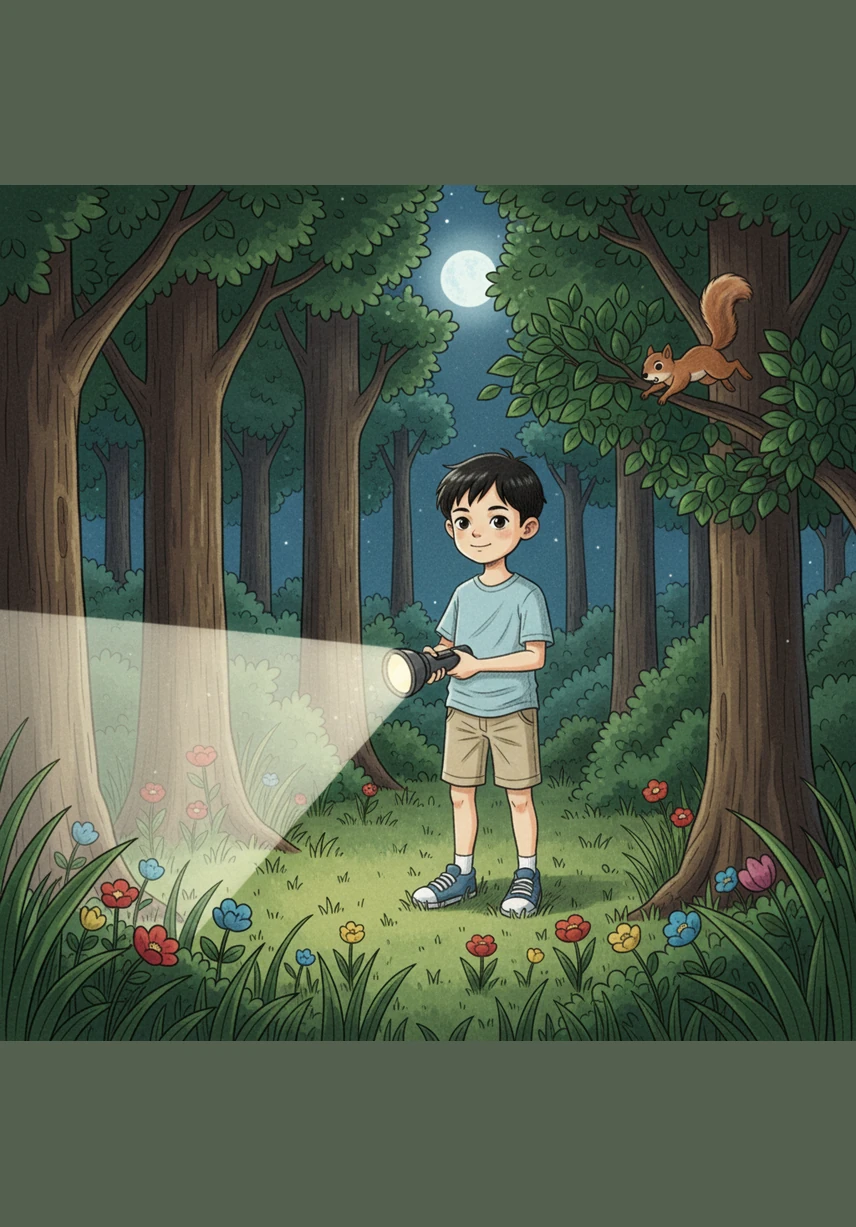 煜煜勇敢地走进了小森林，手电筒的光束在花草间跳跃。一只受惊的小松鼠从树枝间飞快地跳过，消失在繁茂的叶簇中，煜煜一点也不觉得害怕。
