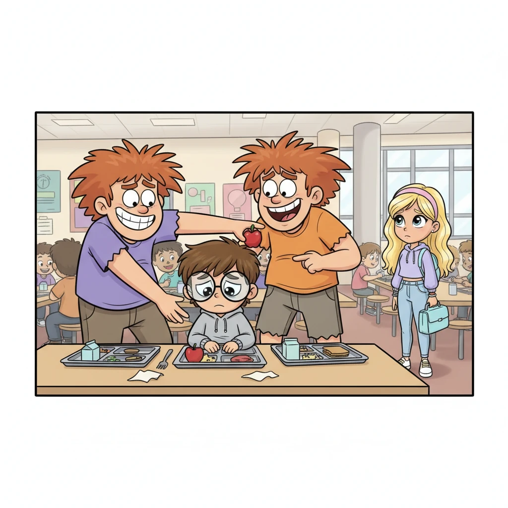 Alex, a shy boy with oversized glasses, hunches over his lunch, trying to disappear. Two big, goofy bullies with spiky hair loom over him, snatching his apple with exaggerated grins. Across the noisy cafeteria, Lily Sunshine, the most popular girl with a sparkling smile and bouncy pigtails, notices the scene, a flicker of concern crossing her usually cheerful face.