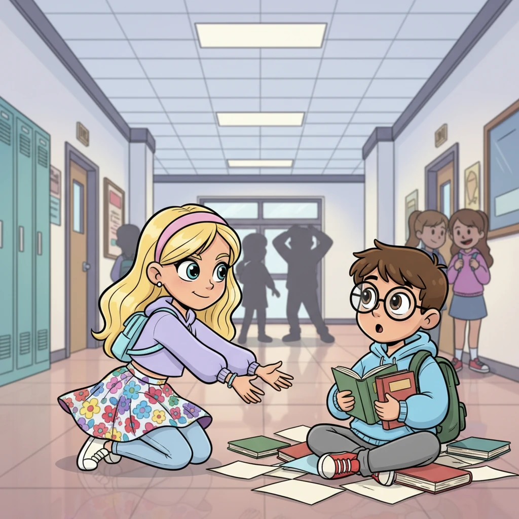 Later, in the bustling hallway, Lily sees Alex drop his books, scattering papers everywhere. The bullies snicker from a distance. Instead of walking past, Lily, with a determined yet kind expression, kneels down, her colorful skirt swishing, to help him pick them up. Alex's wide eyes peek over his glasses, surprised by her unexpected gesture.