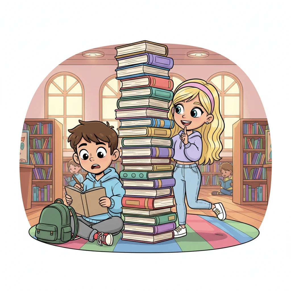During library hour, Alex is hidden behind a towering stack of books, sketching in his notebook, his imagination soaring. Lily, with a playful tip-toe, finds him, her finger to her lips to signal quiet. She smiles warmly, her bright eyes crinkling at the corners. Alex, startled, quickly tries to hide his drawing, his cheeks turning a light shade of pink.
