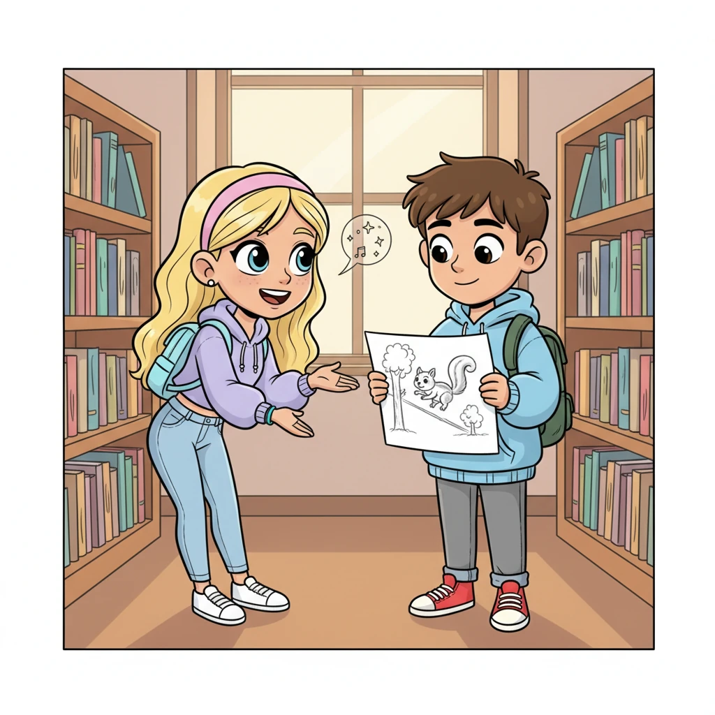 Lily gently asks to see his drawings, her curiosity genuine and inviting. Alex, still a bit shy, hesitantly shows her a whimsical sketch of a flying squirrel. Lily's eyes light up with genuine admiration, exclaiming how amazing it is. They share a quiet giggle, a tiny bubble of friendship beginning to form around them in the quiet library corner.