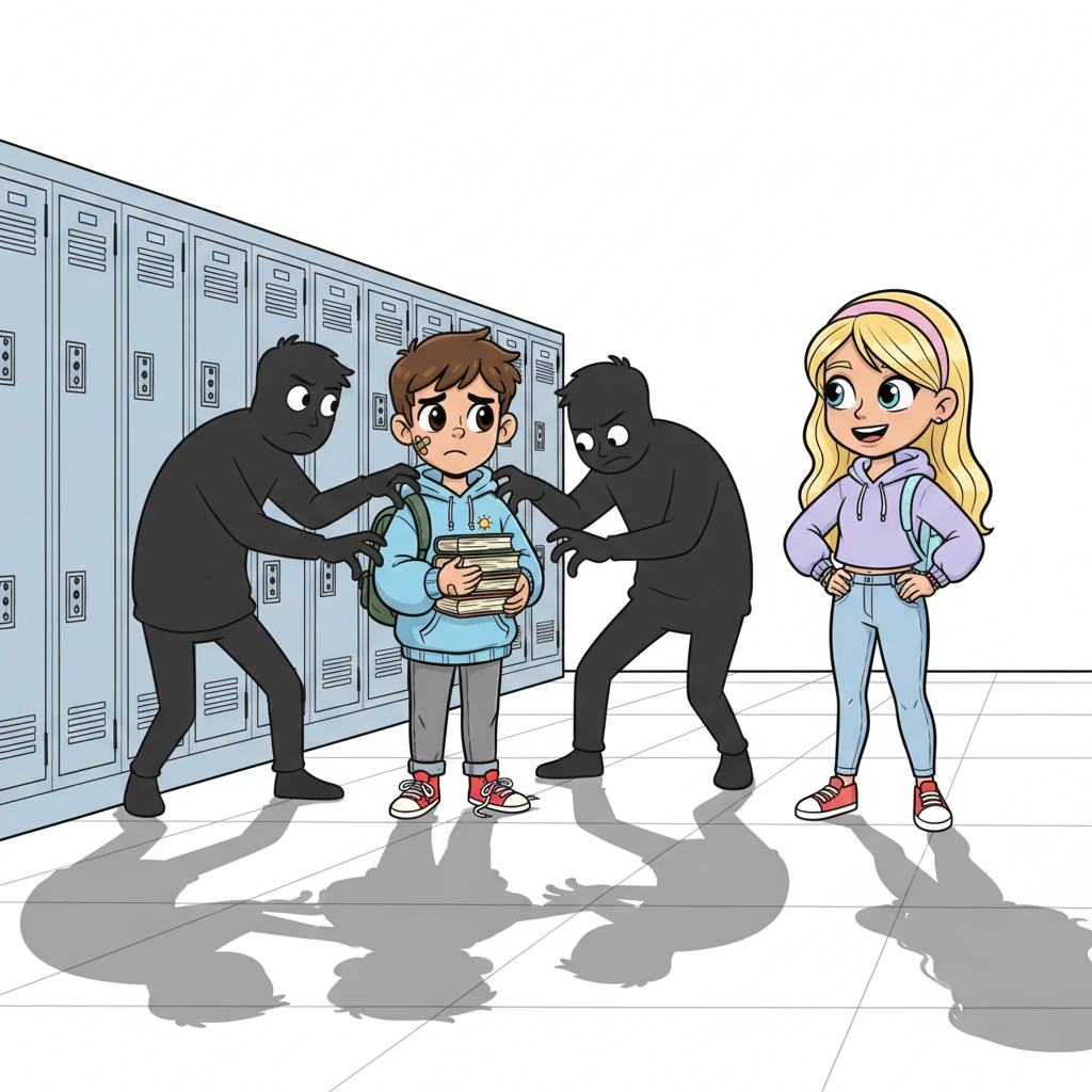 The next day, the bullies corner Alex by the lockers again, their shadows long and exaggerated. Just as they reach for his backpack, Lily appears like a superhero, hands on her hips, a confident, friendly smile on her face. She playfully asks if they need help finding their own lunch, making the bullies shrink back with comically confused expressions.