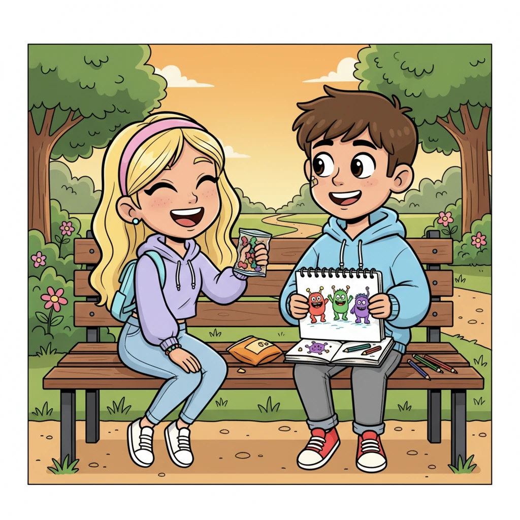 With Lily's unwavering support, Alex starts to feel a little braver, his posture straightening slightly. They are often seen together, laughing as they share snacks on a park bench or working on a school project. Lily's vibrant energy seems to rub off on Alex, whose drawings now feature cheerful, colorful characters, reflecting his growing happiness.