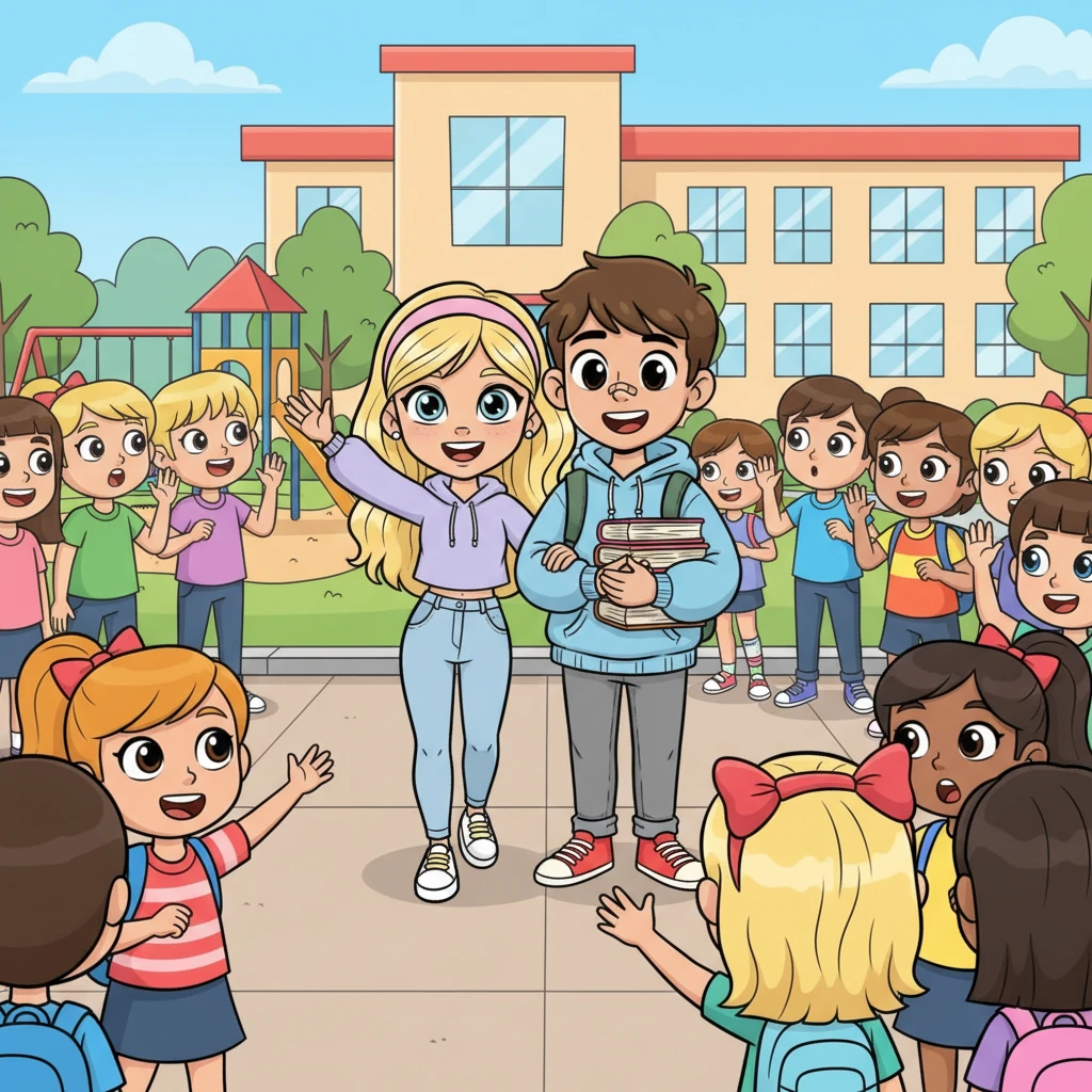 Other students in the schoolyard watch them with a mix of surprise and delight. Some whisper, but mostly, they see how happy Lily and Alex are together. A group of girls with bright hair bows wave to Lily, who waves back, her arm playfully looped through Alex's, showing everyone their strong, new friendship.