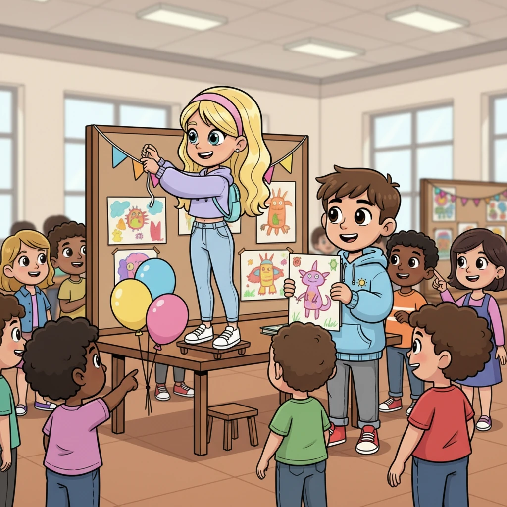 For the school art fair, Lily encourages Alex to display his whimsical drawings. She helps him set up his table, adding colorful streamers and balloons, making it look extra special. Alex, still a bit nervous but beaming, proudly shows off his art, which draws a crowd, all thanks to Lily's unwavering belief in him.