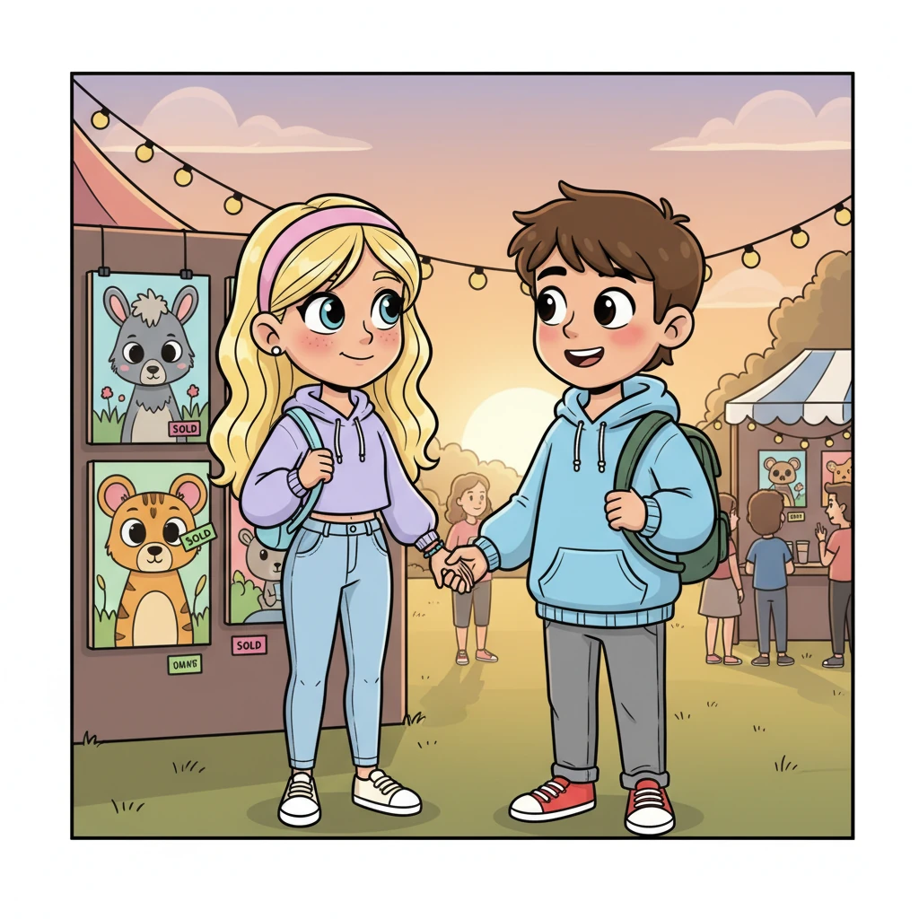As the art fair winds down, Lily and Alex stand together, admiring his successful display, a sense of accomplishment in the air. Lily gently takes Alex's hand, her smile softer now, a warm blush on her cheeks. Alex looks at her, his heart doing a happy little flip, a silent understanding passing between them that this is more than just friendship.