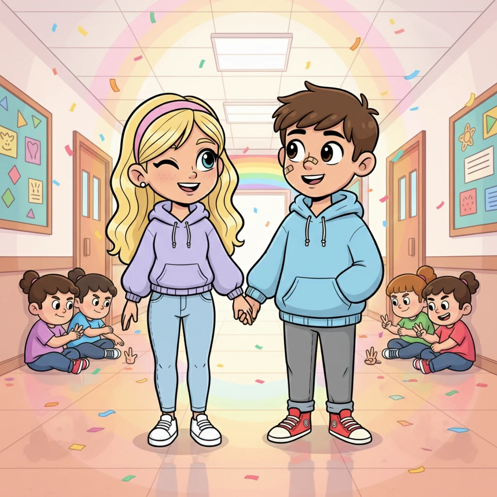 Hand in hand, Lily and Alex walk down the school hallway, their path now clear and bright, filled with cheerful colors. The bullies, now looking rather small and insignificant, are busy playing a silly game of rock-paper-scissors in the background, completely ignoring them. Lily winks playfully at Alex, who grins back, their future together as colorful and cheerful as their shared world.