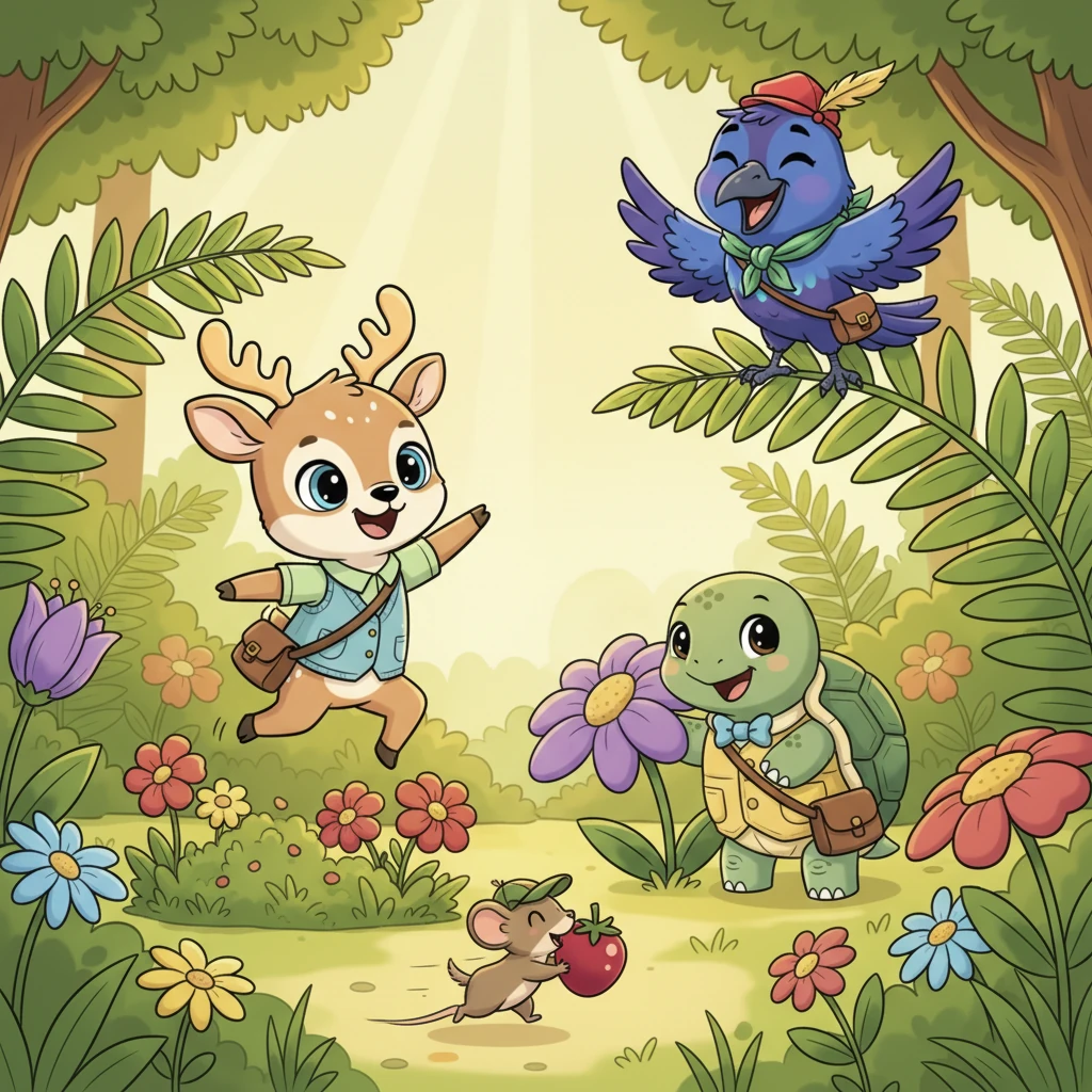 In a sun-dappled glade, where wildflowers bloomed in every color, lived four best friends: Willow the graceful deer, Shelly the steady tortoise, Corvus the clever crow, and Pip the speedy mouse. They spent their days playing hide-and-seek among the giant ferns and sharing juicy berries, their laughter echoing through the trees.