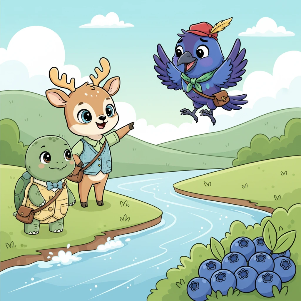 One sunny morning, the friends discovered a patch of the sweetest, juiciest blueberries they had ever seen, just across a sparkling, gurgling stream. The berries looked so plump and inviting, but the stream was too wide for Pip and Shelly to cross alone, and too deep for Willow to wade through without a splash.