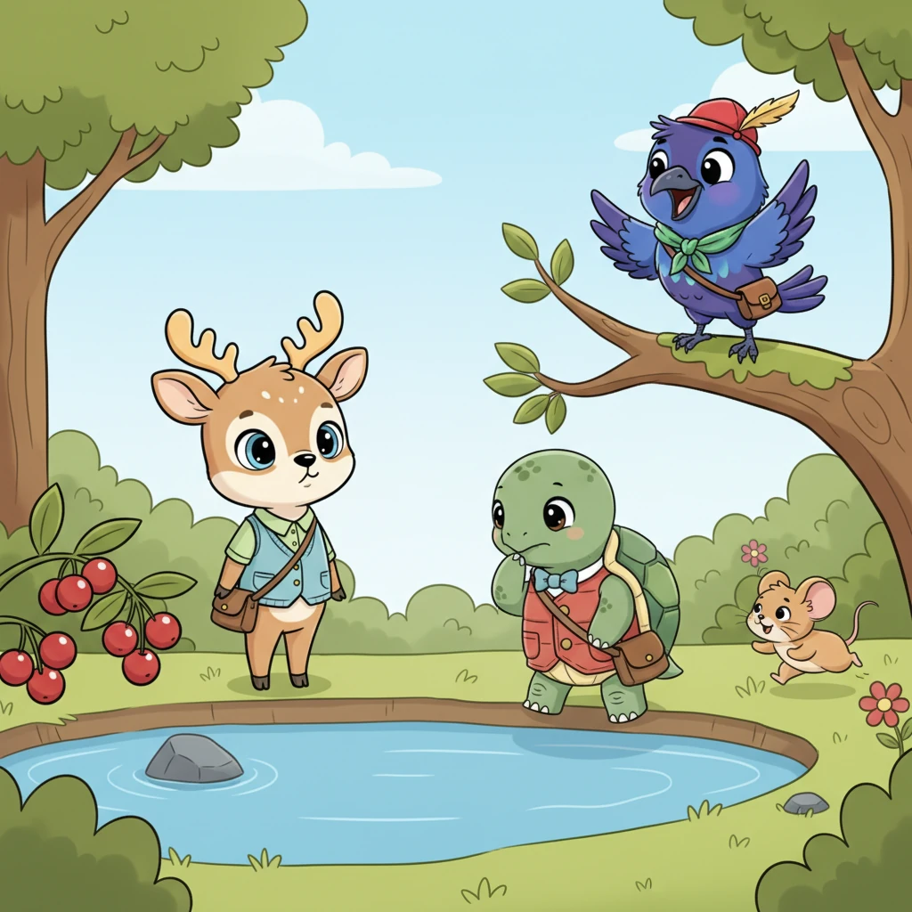 Willow, with her gentle eyes, gazed longingly at the berries, a soft sigh escaping her lips. Shelly slowly approached the water's edge, his head tilted, pondering the challenge. Corvus chirped thoughtfully from a branch above, while Pip scurried back and forth, eager but unsure.