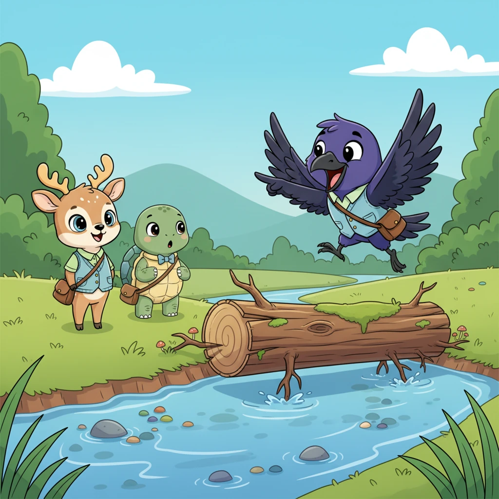 Corvus, ever observant, suddenly flapped his wings excitedly. "Look!" he cawed, pointing a black wing towards a thick, gnarled log that had fallen during a recent storm. It stretched almost all the way across the stream, but it wobbled precariously in the middle.