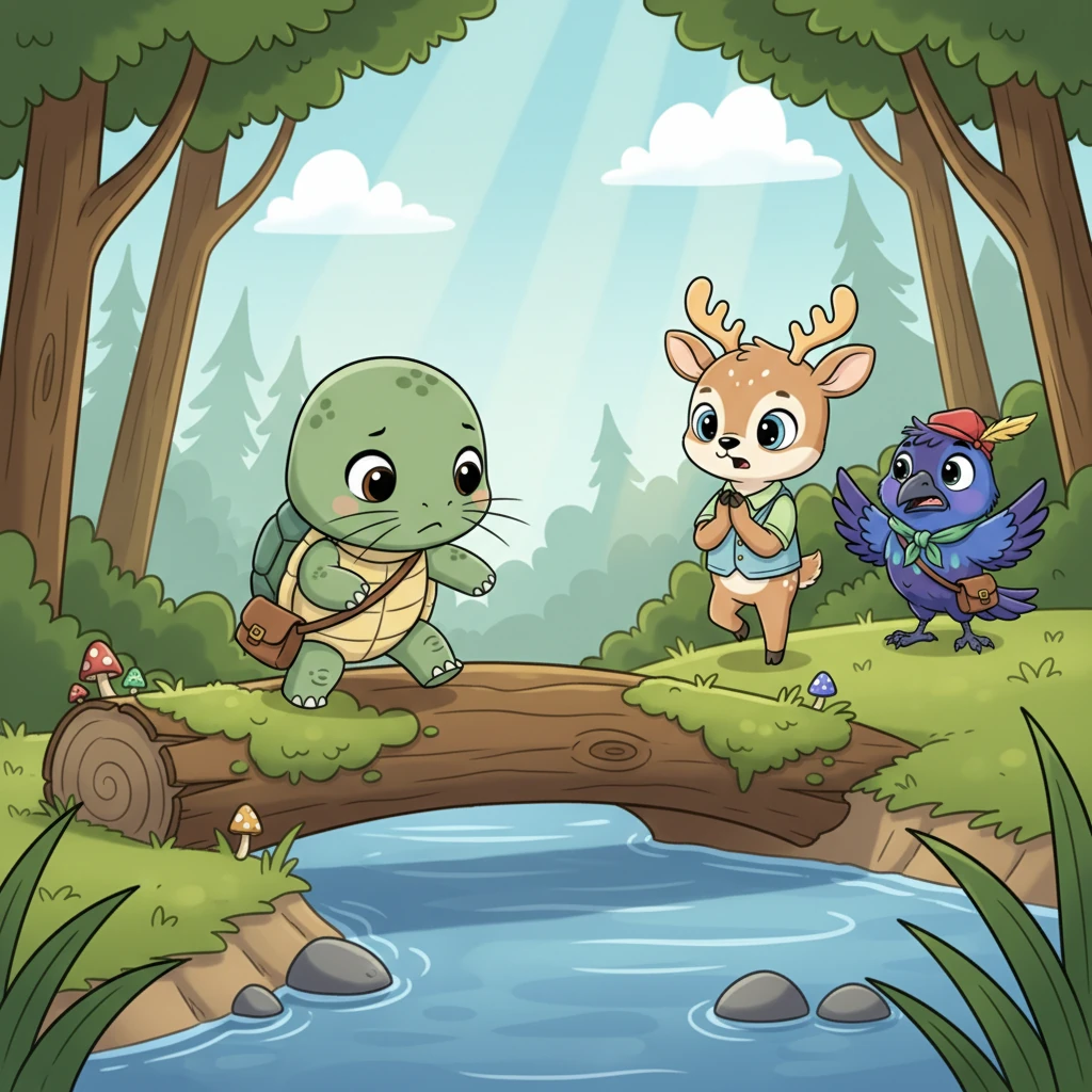 Pip, being the lightest and quickest, bravely offered to try crossing the wobbly log first. With tiny, careful steps, he began to tiptoe across, his whiskers twitching with concentration, but the log swayed and dipped alarmingly under his small weight.