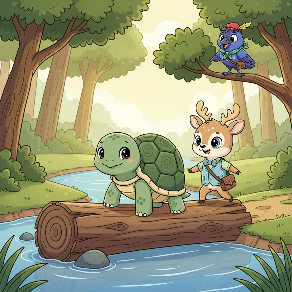 Shelly, seeing Pip's struggle, had a brilliant idea. "Perhaps," he rumbled, "if I place my strong, heavy shell on the wobbly part, it will help steady the log." He slowly made his way to the middle, his shell acting like an anchor.