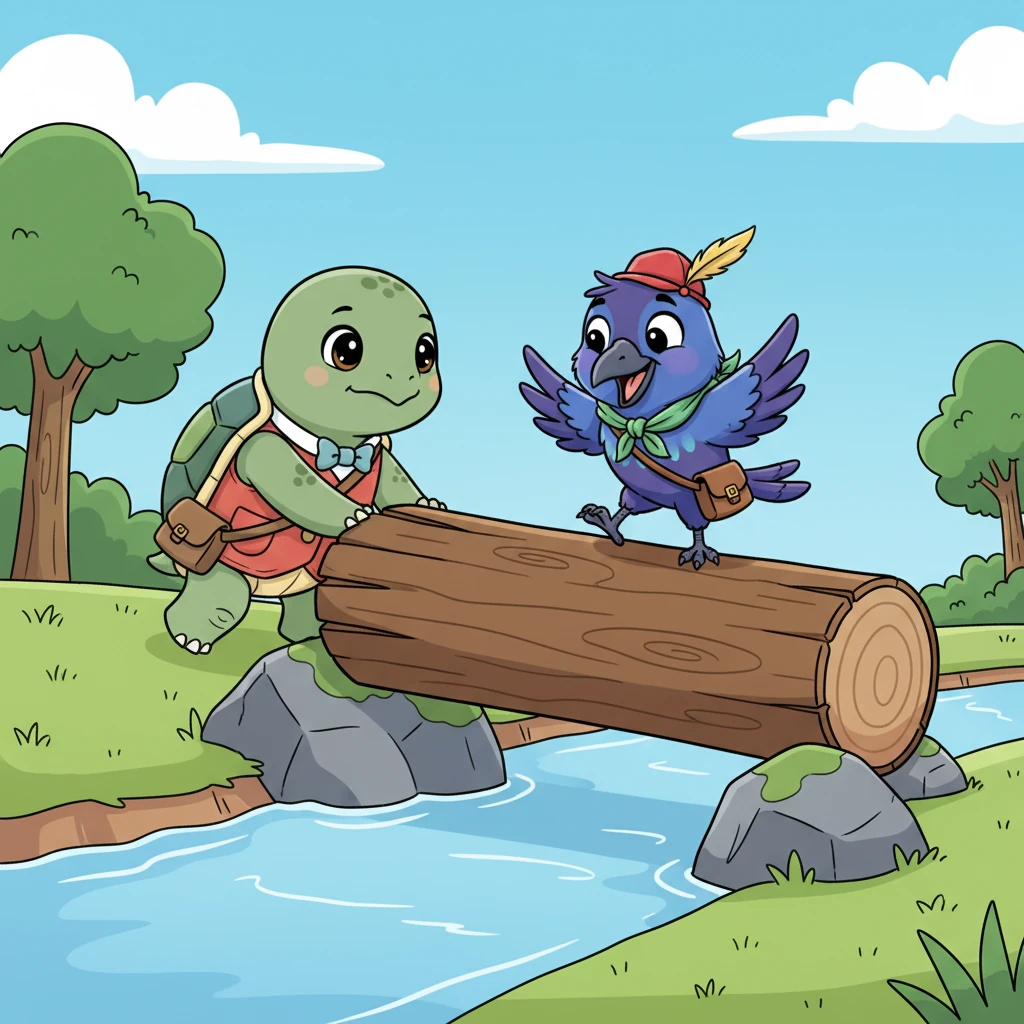 Even with Shelly's weight, the log still had a slight wobble. Willow, with her powerful legs, carefully nudged the end of the log on their side, bracing it against a sturdy rock. Her gentle strength held it firmly in place.