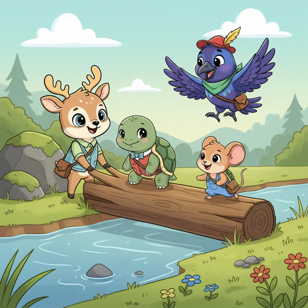 With Shelly stabilizing the middle and Willow securing their end, Corvus flew ahead, guiding Pip, who scuttled across the now much steadier log. Soon, all four friends had safely made it to the other side, thanks to their combined efforts.