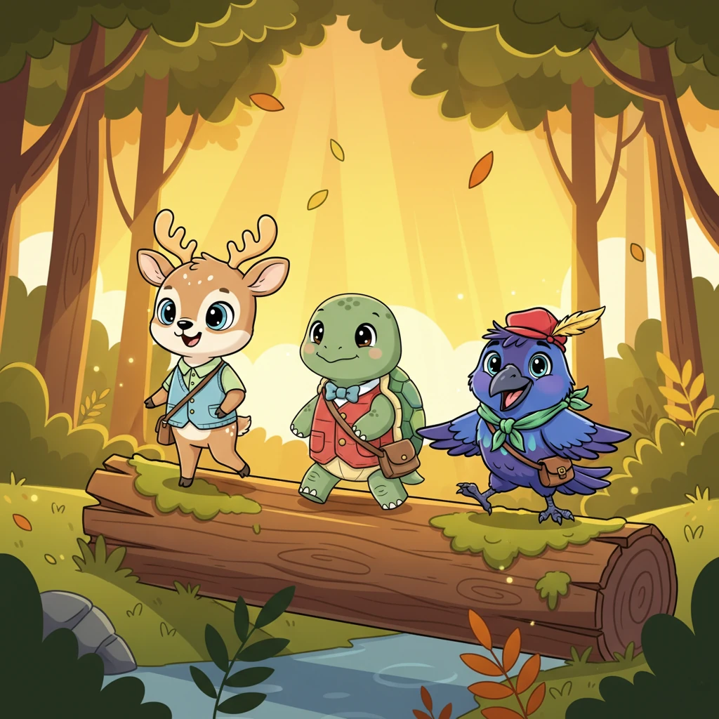 As the sun began to set, casting long shadows through the trees, the friends made their way back across the now familiar log. They knew that no matter what challenge the forest brought, their friendship and unique strengths would always see them through.