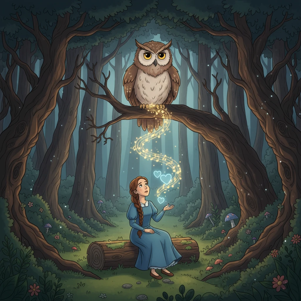 Inside the woods, Elara met a wise old owl, who told her the forest was suffering from a broken heart. Only a song of pure kindness could heal it. Elara knew what she had to do.