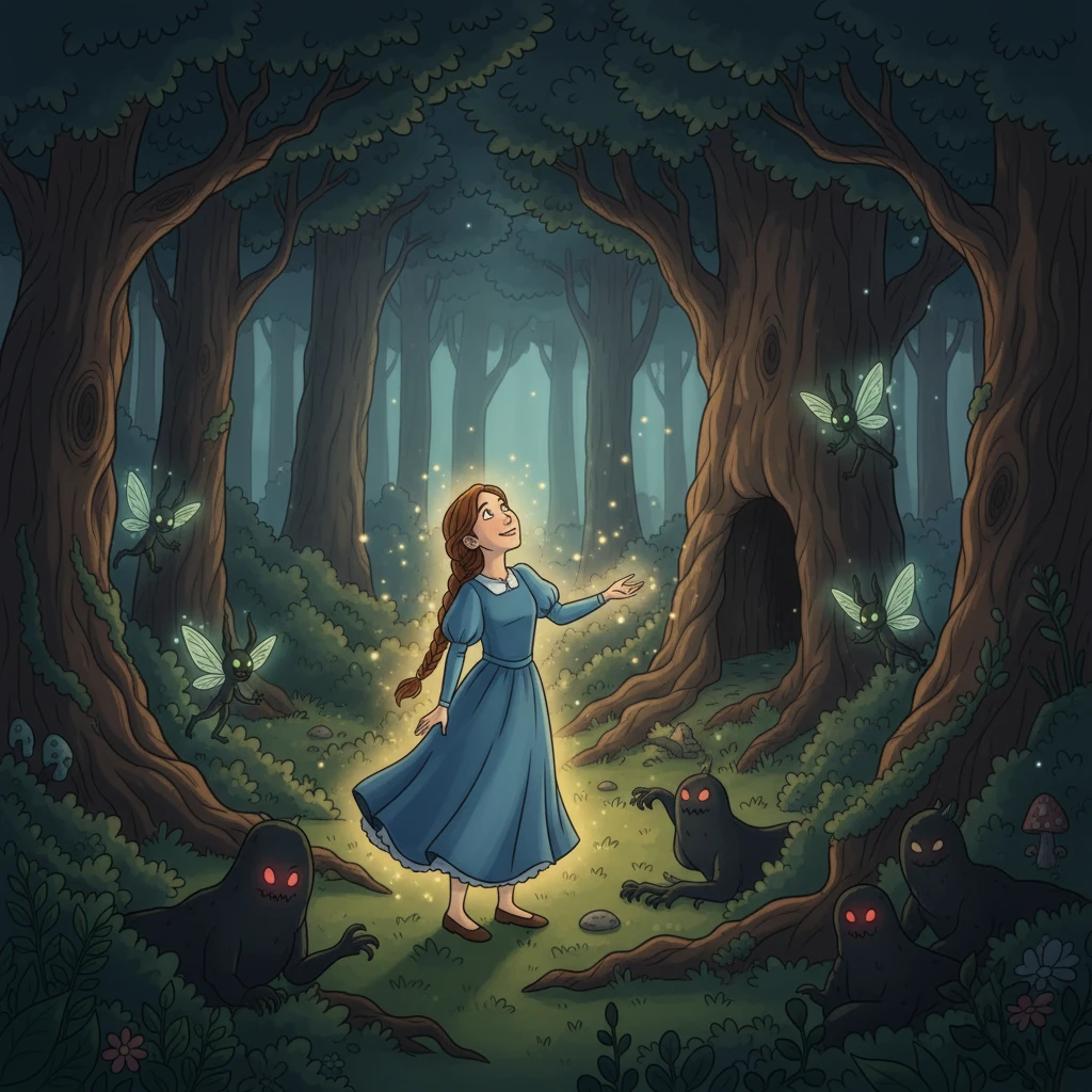 As Elara journeyed deeper, she encountered mischievous sprites and shadowy creatures, testing her courage. But Elara's kindness and unwavering belief in the good, helped her to overcome them.