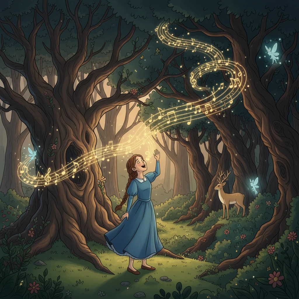 Finally, she reached the heart of the woods, where a withered tree stood. Taking a deep breath, Elara sang her song, a melody of hope and love. The forest responded.