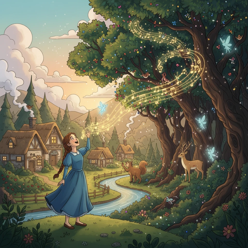 The withered tree bloomed with new leaves, and the creatures of the woods celebrated. The Whispering Woods was healed, its song of joy echoing in harmony with Elara's. Elara returned to her village, a true hero.