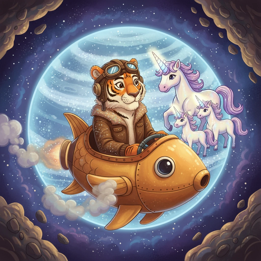 Suddenly, Raja's ship sputtered to a halt near a sparkling planet. Floating nearby, he saw a family of unicorns with shimmering coats and horns that glowed like the moon. They seemed friendly, so he decided to ask for help.