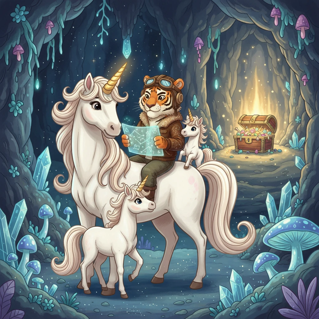 The unicorn family, led by the wise mother, Luna, welcomed Raja. They listened to his story and offered to assist. Using their magical abilities, they knew the location of the lost treasure. They set off together in search of it.