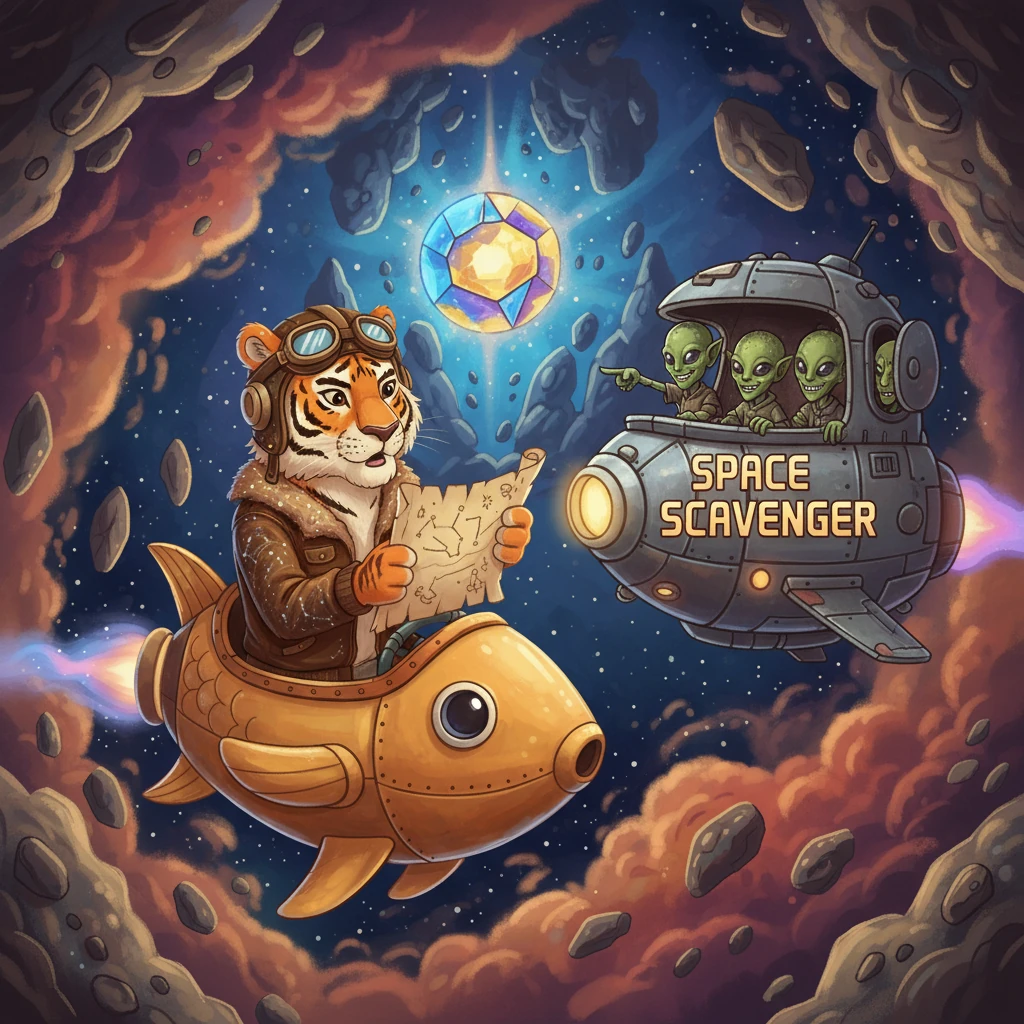 As they approached the treasure's location, a group of sneaky, green-skinned aliens appeared in their ship, the 'Space Scavenger'. They wanted the Cosmic Treasure for themselves, and they were ready to fight for it.