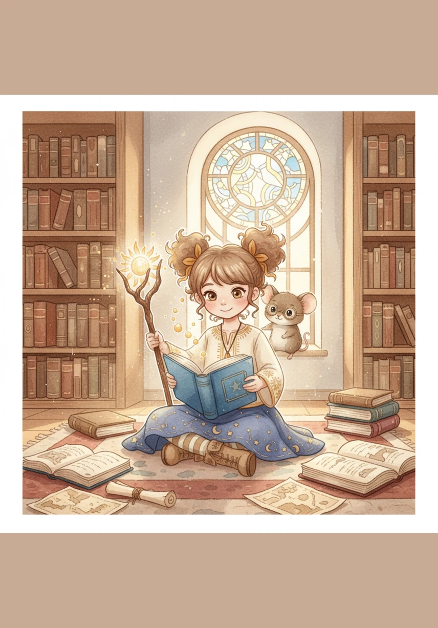 Leona wandered into the sun-drenched Quiet Corner of the library, where the air smelled of old paper and magic. Her eyes caught a shimmering blue book tucked away on a low shelf, its cover sparkling with tiny gold stars that seemed to move.