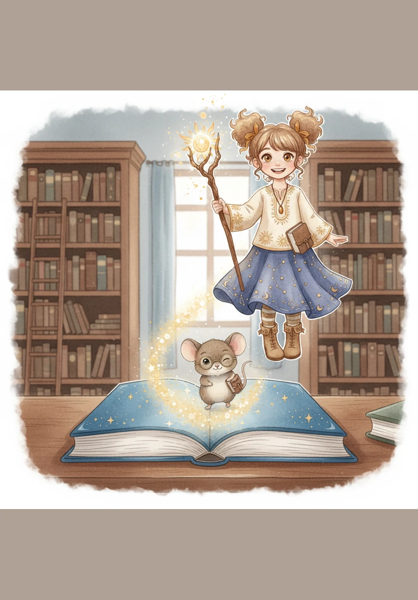 Suddenly, a tiny mouse wearing round spectacles and a miniature green vest popped out from the center of the book. He introduced himself as Marvin, a brave resident of the library who spent his days having grand adventures between the shelves.