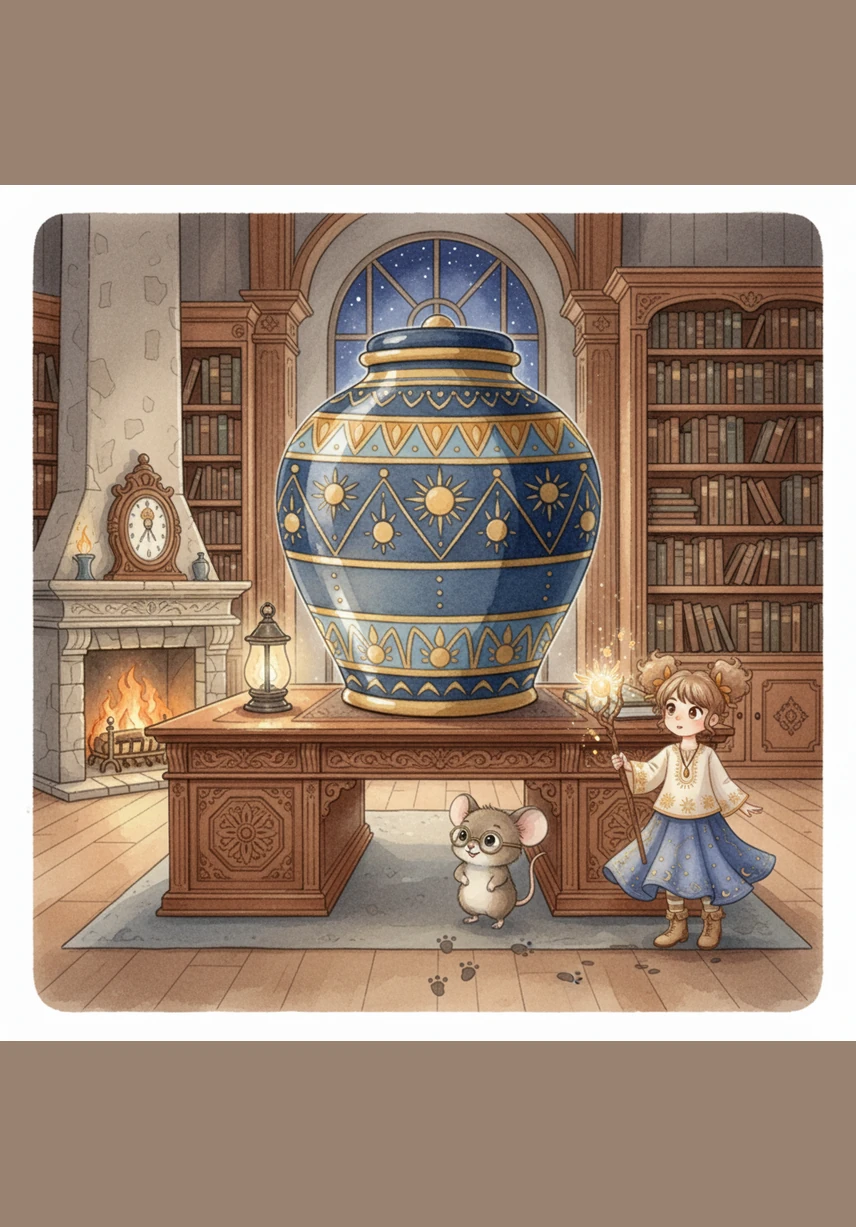 The scene in the book transformed into a grand office where a massive, ornate ceramic jar sat perched high on a wooden desk. The jar looked majestic and a little bit intimidating, standing like a fortress of sweets in the middle of the room.