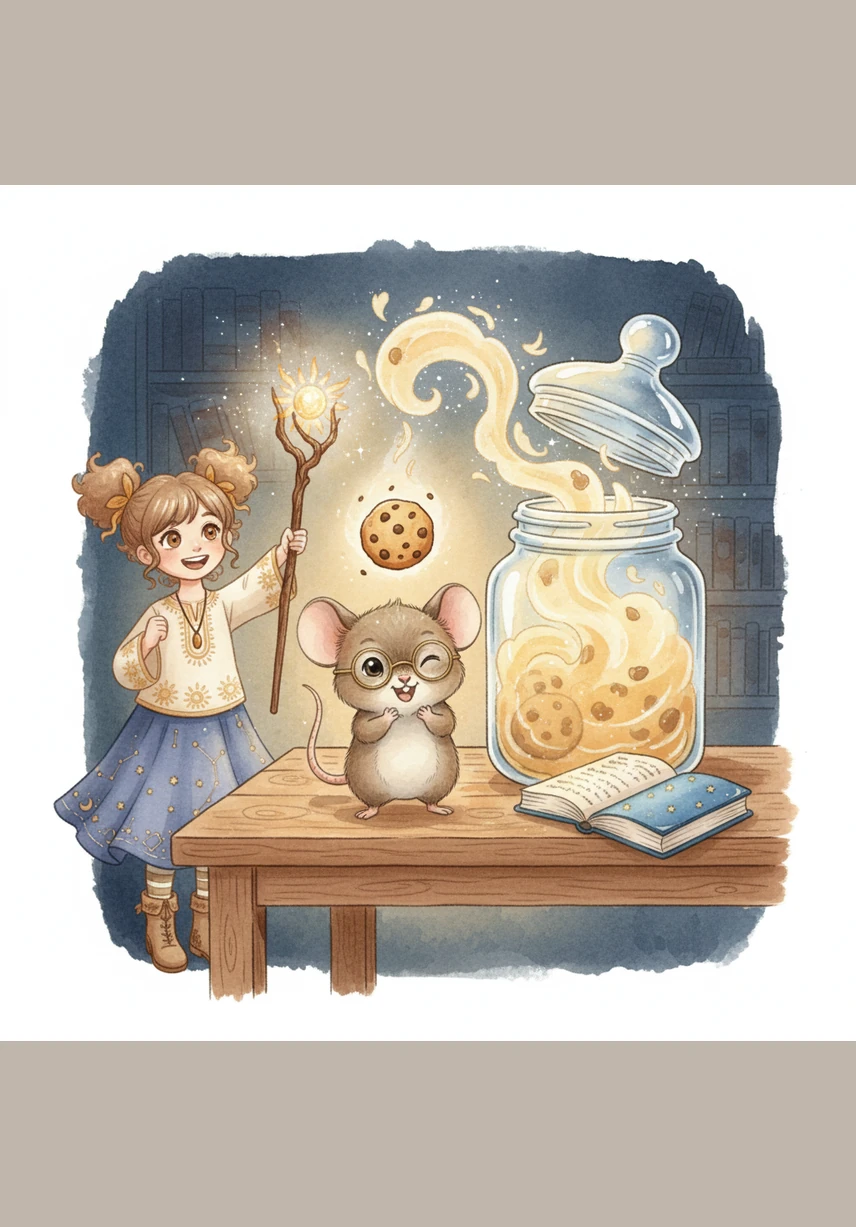 With a triumphant shout, Marvin provided the correct answer, and the heavy lid of the jar magically lifted with a puff of sweet-scented air. A perfect, golden cookie floated down through the air, landing right into Marvin's tiny, waiting paws.