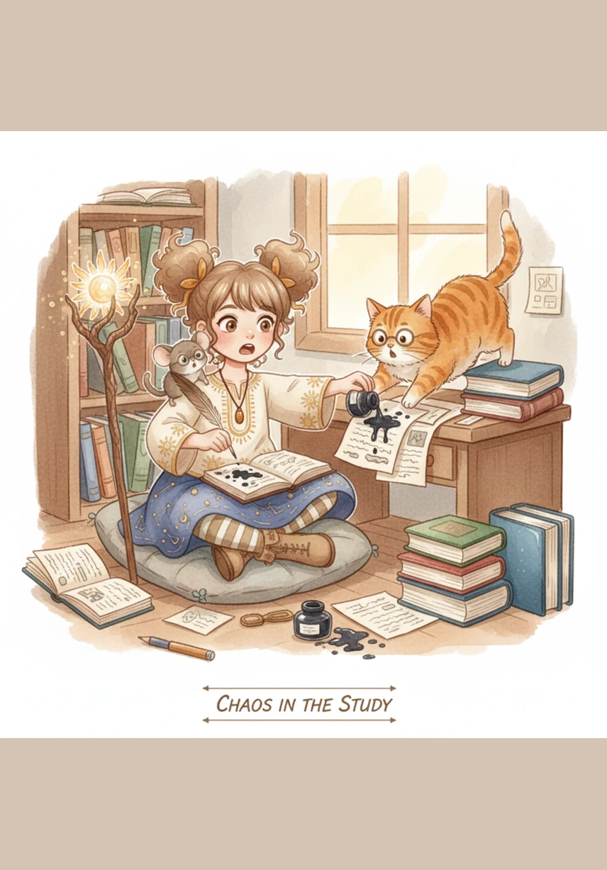 Just as Marvin was about to take a delicious bite, a large ginger cat leaped from the shadows with a sudden crash. Cookies went flying in every direction and Marvin tumbled into a soft pile of crumbs as the office turned into a whirlwind of chaos.