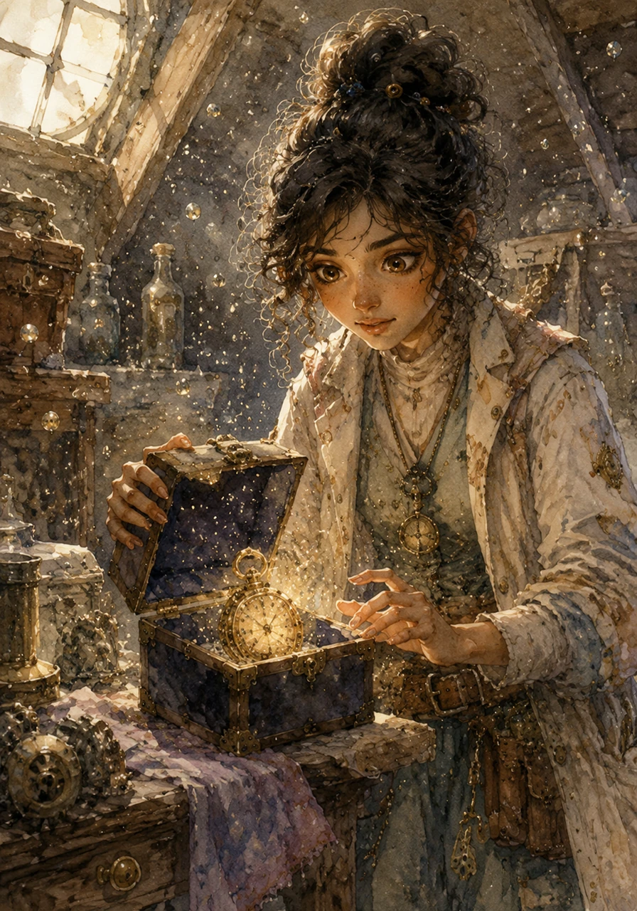 High above the clouds, the vibrant city of Aethelgard hummed with the synchronized ticking of millions of intricate brass gears. In her late grandfather’s dusty attic, a brilliant young inventor named Esha discovered a strange, tarnished pocket watch hidden inside a velvet box. Unlike normal timepieces, its hands jerked erratically, emitting a soft, golden hum that caused nearby dust motes to freeze mid-air.