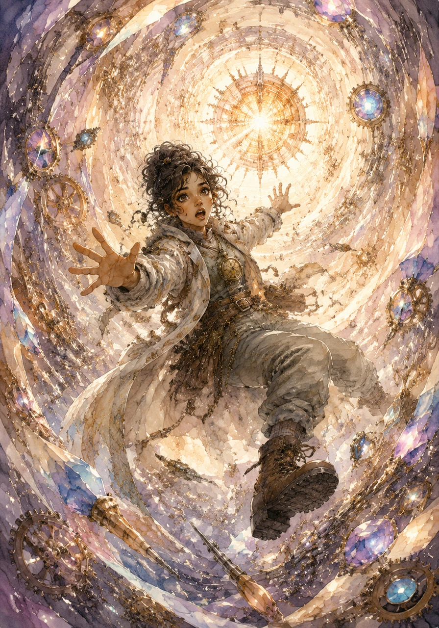 Driven by intense curiosity, Esha used her finest tools to carefully adjust the watch's mainspring, but the moment the gear clicked into place, a blinding vortex of light erupted from the faceplate. The sudden gravitational pull swept her off her feet, dragging her into a swirling tunnel woven from glowing Roman numerals and shimmering cosmic gears.