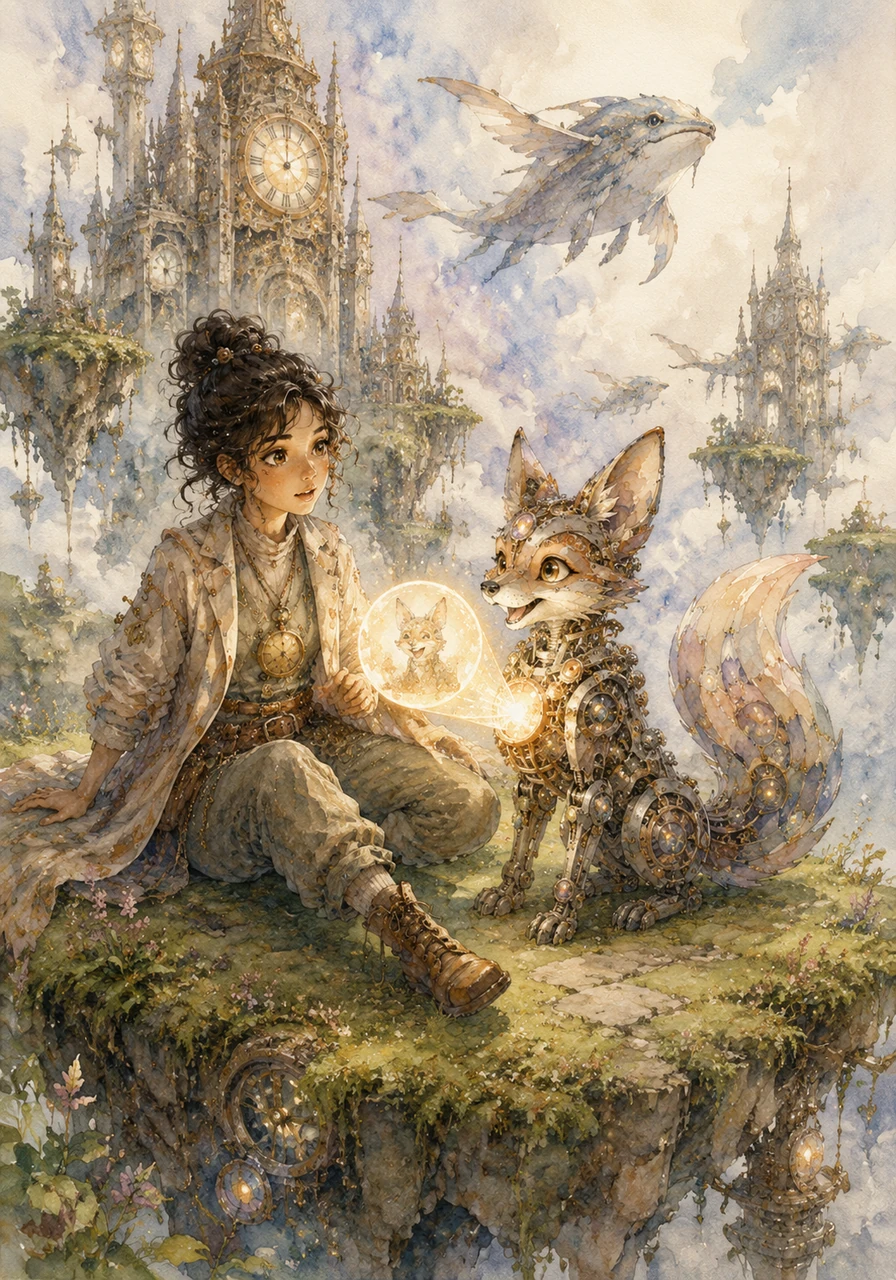 Esha tumbled out of the portal and landed softly on a floating, moss-covered island in Chronia, a majestic hidden dimension where massive clock towers coexisted with ethereal, soaring creatures. There she met Lumo, a playful mechanical fox with fur made of copper plates, who introduced himself by projecting a glowing memory orb from his chest.