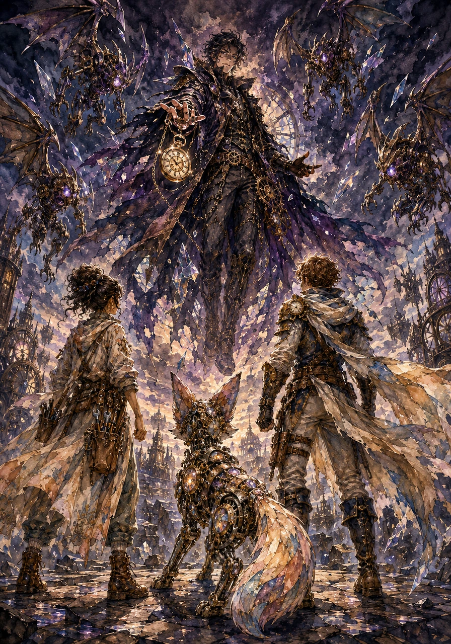 Suddenly, the sky darkened as Malrik, a rogue Time Guardian draped in shadow and fractured glass, descended upon them with a swarm of mechanical gargoyles. He demanded the pocket watch, declaring his villainous plan to freeze time forever so he could rule over a perfectly stagnant, unchanging Chronia.