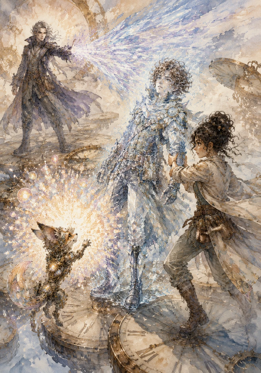 As they navigated a treacherous bridge made of floating, disconnected clock faces, Malrik cornered them, unleashing a wave of temporal energy that slowed Kael's movements to a standstill. Thinking quickly, Lumo distracted the rogue guardian by releasing a dazzling explosion of stored memory lights, giving Esha the chance to pull Kael to safety.