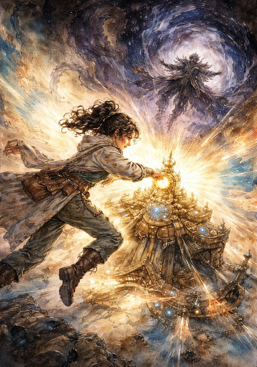 With fierce determination, Esha bypassed Malrik and leaped toward the central console, placing the repaired pocket watch into the primary keyhole of the Matrix. A blinding wave of golden and azure light pulsed outward, shattering Malrik’s shadow magic and sending him retreating into the temporal void.