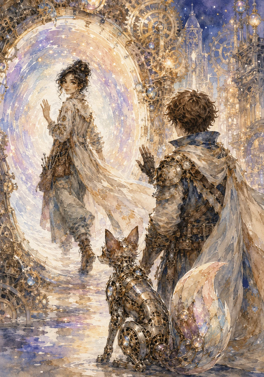 As harmony was restored, the gears of Aethelgard and the magic of Chronia perfectly synchronized in a breathtaking display of lights and moving machinery. Saying a bittersweet goodbye to Kael and Lumo, Esha stepped back through the portal, returning home with a deep understanding that life’s true beauty lies in its unpredictable journey.