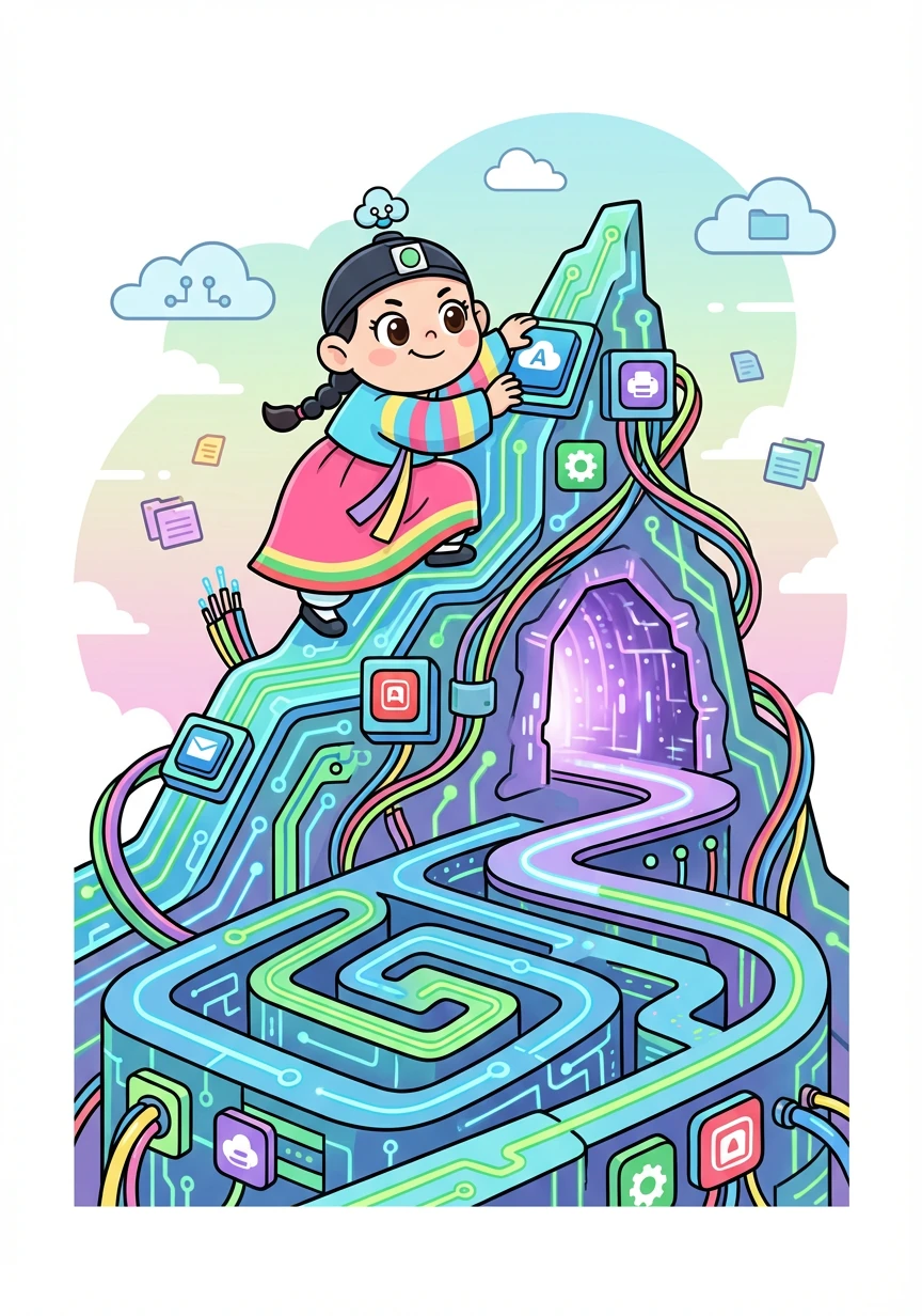 볼루모는 최적화 주문을 배우기 위해 데이터 산을 오르기 시작했어요. 산에는 복잡한 데이터 미로와 가상화 동굴이 있었죠.