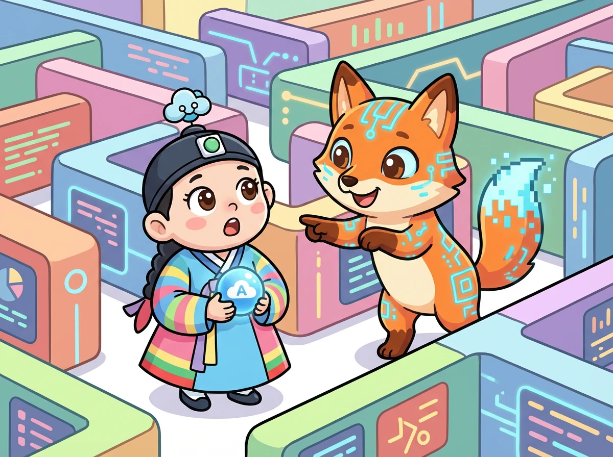 미로에서 길을 잃은 볼루모는 친절한 가상화 여우를 만났어요. 여우는 볼루모에게 미로를 빠져나가는 방법과 데이터 관리의 중요성을 알려주었답니다.