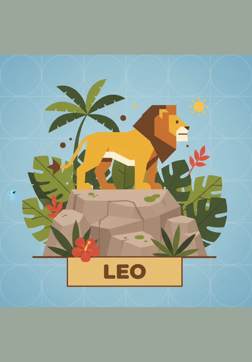 A majestic Lion stands proudly on a rock in the middle of the jungle surrounded by tall grass. Below the image, the name Lion is written in large block letters with the fun fact that lions live in family groups called prides.
