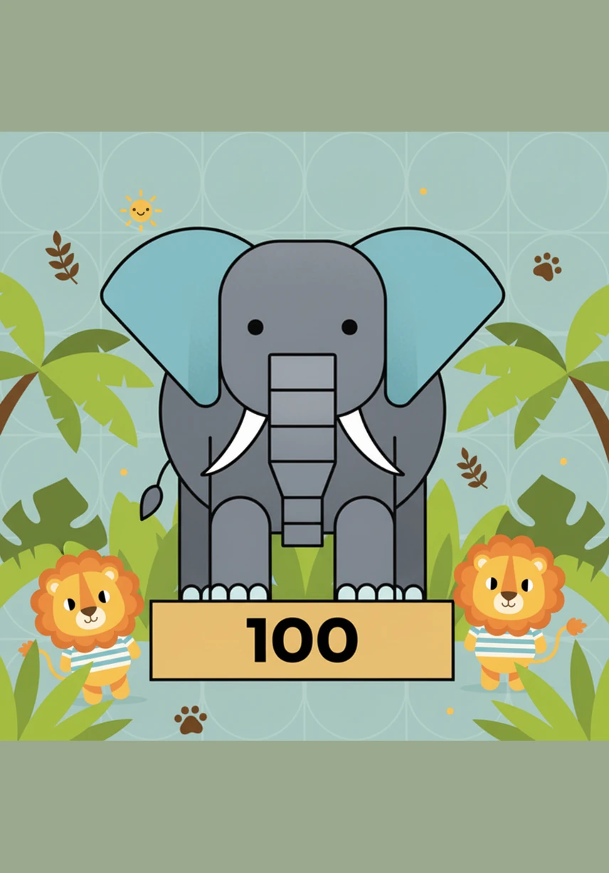 A large Elephant with big ears and a long trunk stands next to a small watering hole surrounded by palm trees and rocks. The name Elephant is printed clearly at the bottom with the fact that they use their trunks to breathe, smell, and drink water.